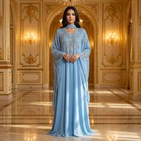 Kaftan Abaya de Luxe Fait Main avec Strass, Col en V, Manches Chauve-Souris, Coupe Ample, Robe Longue de Soirée Musulmane, Tenue Islamique pour Femmes, Idéale pour l'Aïd