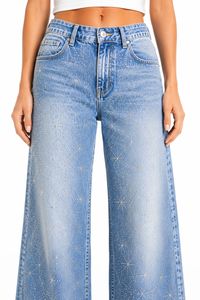Jeans a Vita Alta e Gamba Larga con Motivo Ricamato Vestibilità Comoda Lunghezza Intera Stile Casual Effetto Stonewashed - Product Image 5