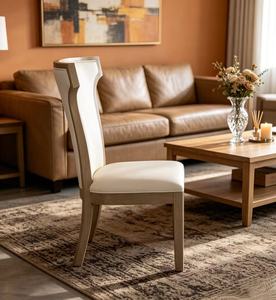 Modern White Leather Dining Chair, High-Back Upholstered Side Chair with Light Oak Wood <b>Frame</b> - Product Image 6