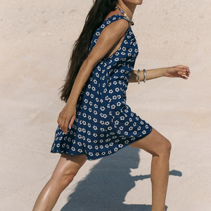 Vestido Mini sin Mangas con Estampado Floral y Cordón Ajustable, Cómodo para el Verano, Vestido de Playa Personalizado 100% Lino - Product Image 4