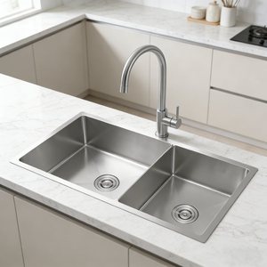 Lavello da <span class=keywords><strong>cucina</strong></span> rettangolare a doppia vasca in acciaio inox 304, fatto a mano, dal design moderno, con superficie lucida, da incasso. - Product Image 4
