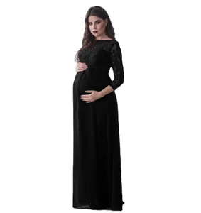 2021 Hot Sale Long-Sleeved Lace Stitching Pregnant Women Sexy Loose Tail One-Piece Long Dress Maternity Dress Free Shipping