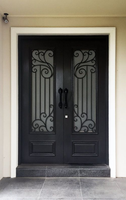 Porte d'entrée de sécurité en acier avec verre, portail extérieur double en fer forgé noir à vendre