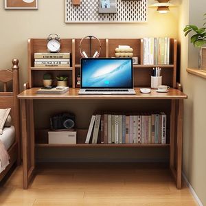 Escritorio Plegable de Madera Maciza con Estantería, Escritorio de Estudio Extensible para Dormitorio u Oficina - Product Image 3