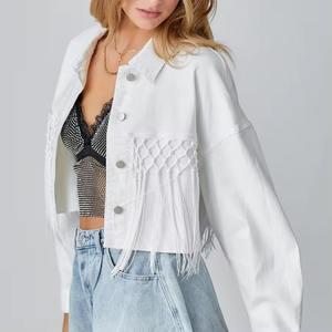 Nueva llegada Rosa Blanco recortado borla Denim mujer Howdy Chaqueta corta Jean blanco rasgado chaqueta con flecos - Product Image 5