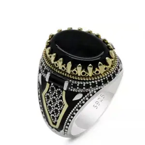 Punk Turquoise Signet Turkish Rings Islamic Religious Muslim Jewelry Fashion Dainty Gem Natural Black Onyx Ring For Men