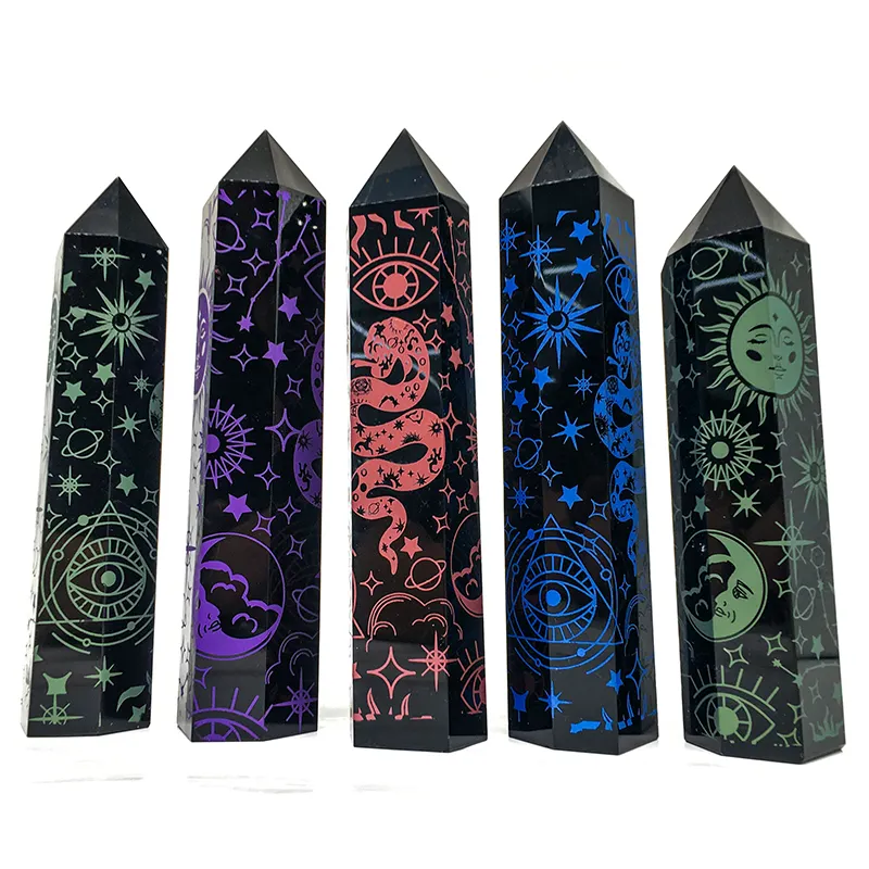 Toptan doğal kristal noktası yedi çakralar sembol kulesi siyah obsidyen kristal şifa obsidyen tasarım noktası dekorasyon için