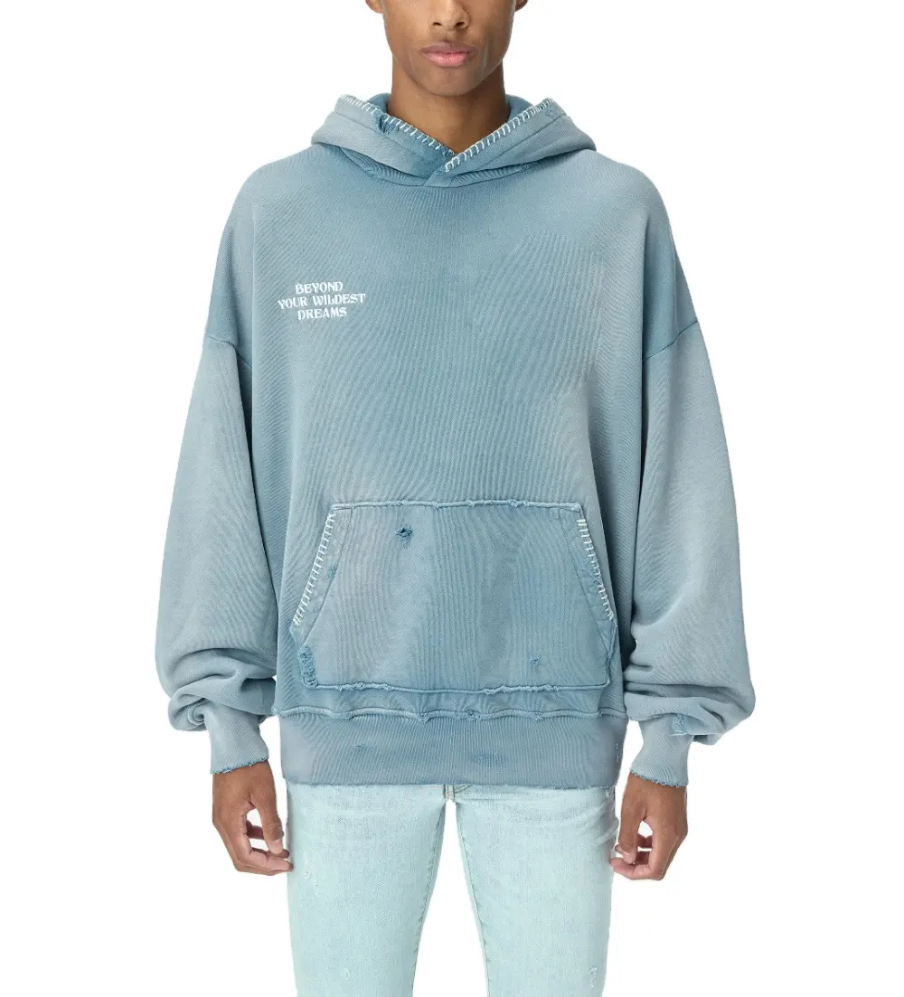 Groothandel Borduurwerk Custom Oversized Zuur Gewassen Hoodies 100% Katoen Plus Size Pullover Distressed Sweatshirts Hoodies Voor Mannen