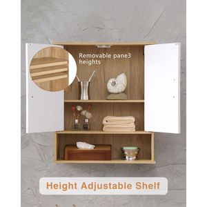 <b>Adjustable</b> White Natural Wood Bathroom Wall Cabinet with Double Door & Bottom <b>Shelf</b> Wavy Patterned Doors Easy Installation - Product Image 3