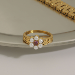 J&amp;D Modern Chic Women Jewelry 18K Gold Stainless Steel Pearl Zircon Flower Band <strong>Watch</strong> <strong>Rings</strong> - Product Image 5