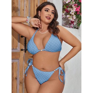 Traje de Baño Bikini Personalizado de Talla Grande para Mujer, Color Sólido, Busto Grande, Sexy, Jacquard, de Tres Niveles, Sin Espalda - Product Image 2