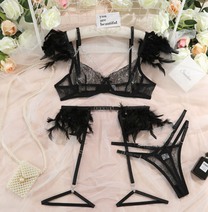 Feder Sinnliche Dessous Sexy Transparente Spitze BH Mit Kette Sets 3-teiliges Set Strumpf bänder Kostüme 1129 - Product Image 5