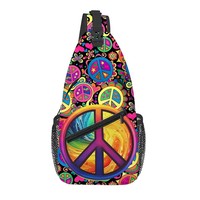 Sac bandoulière vintage rétro années 70 avec imprimé signe de la paix, sac de poitrine psychédélique pour festival, fermeture éclair, portable, durable, en polyester