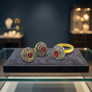 Superbe ensemble de bijoux fins de mariage victorien boucles d'oreilles en argent plaqué or et rubis et bague de style victorien à la mode - Product Image 2