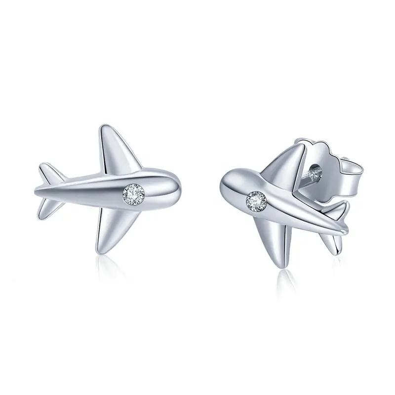 Vintage Style S925 Sterling Silver Small Aircraft Earrings Trendy Zircon Stones Popular in Europe United States Women Parties