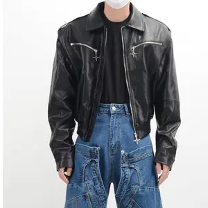 Özel erkekler moda siyah pu deri mont yüksek Streetwear klasik Faux deri bombacı ceketler 81119