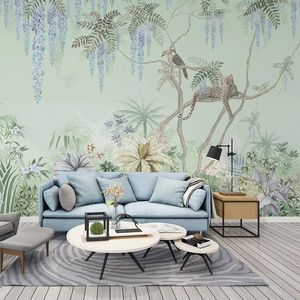 Papel Tapiz Personalizado Impreso en 3D, Autoadhesivo, Mural Tropical, Pintado a Mano, con Diseño de Plantas de la Selva, Hojas, Flores, <span class=keywords><strong>Leopardo</strong></span> y Aves - Product Image 1