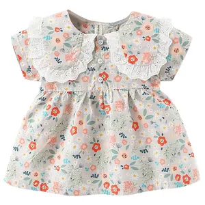 In stock Children's Clothing Girls Short Sleeve Dress Summer Baby Floral Doll Collar Princess Dress