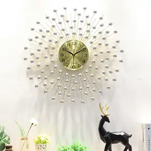 Hot European creative simple Golden Metal clock iron decorative living room wall clock acrylic pearl wall clock for living home