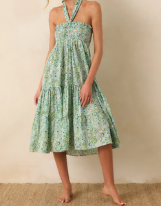 Abito midi a balze con stampa fantasia e scollo all'americana, busto arricciato e orlo asimmetrico, ideale per la spiaggia e il resort - Product Image 1