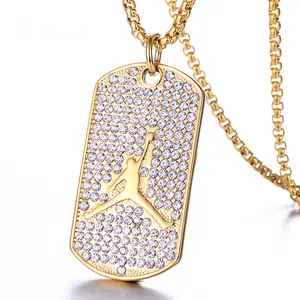 Jordan Mgutillart Hip Hop 18K Gold Plated Titanium Steel Crystal Basketball Dog Tag Pendant Necklace