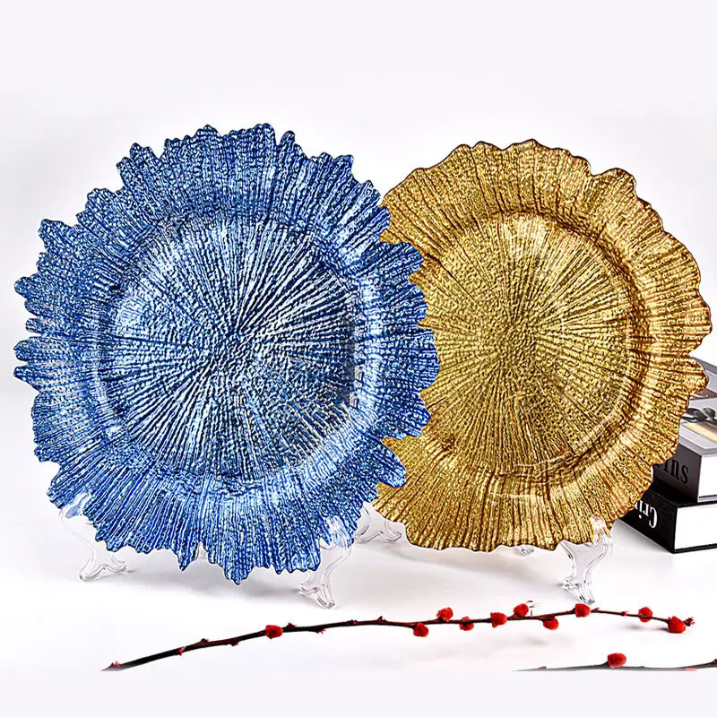 LIHONG Luxury Plastic Gold Reef Colorful Charger Plate for Wedding Table Decorative 13 Inch