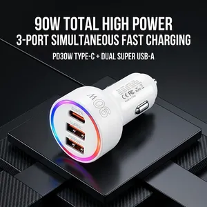 อะแดปเตอร์ชาร์จในรถยนต์ 90W พร้อมไฟ LED หลากสี 3 พอร์ต USB C PD 30W และ QC 3.0 ชาร์จเร็ว สำหรับรถยนต์ 12-24V สำหรับ iPhone - Product Image 1