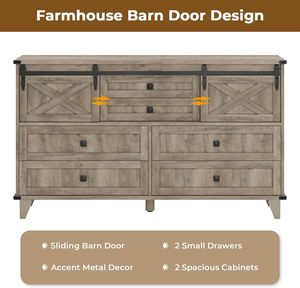 Farmhouse 6-drawer Bedroom <strong>Dresser</strong>, <strong>Vintage</strong> Chest of Drawers with Sliding Barn Doors, Bedroom Long Storage <strong>Dresser</strong> Organizer - Product Image 4