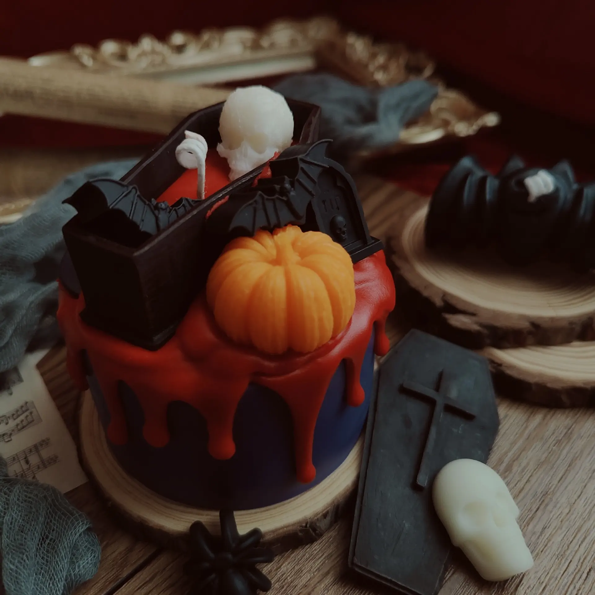 Halloween rojo sangriento calabaza ataúd esqueleto perfumado pastel vela creativa vacaciones decoración regalo vela