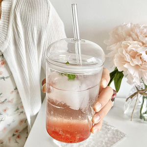 Ins Stijl Unieke Heldere Smoothie Water Koffie Tuimelaar Glazen Bekers Met Koepel Glazen Deksel En Glazen Stro 450Ml - Product Image 6
