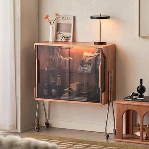 Retro Style Living Room Movable Glass Wine Cabinet With Wheels Storage Display Sideboard For Sofa Or Entryway - Product Image 1