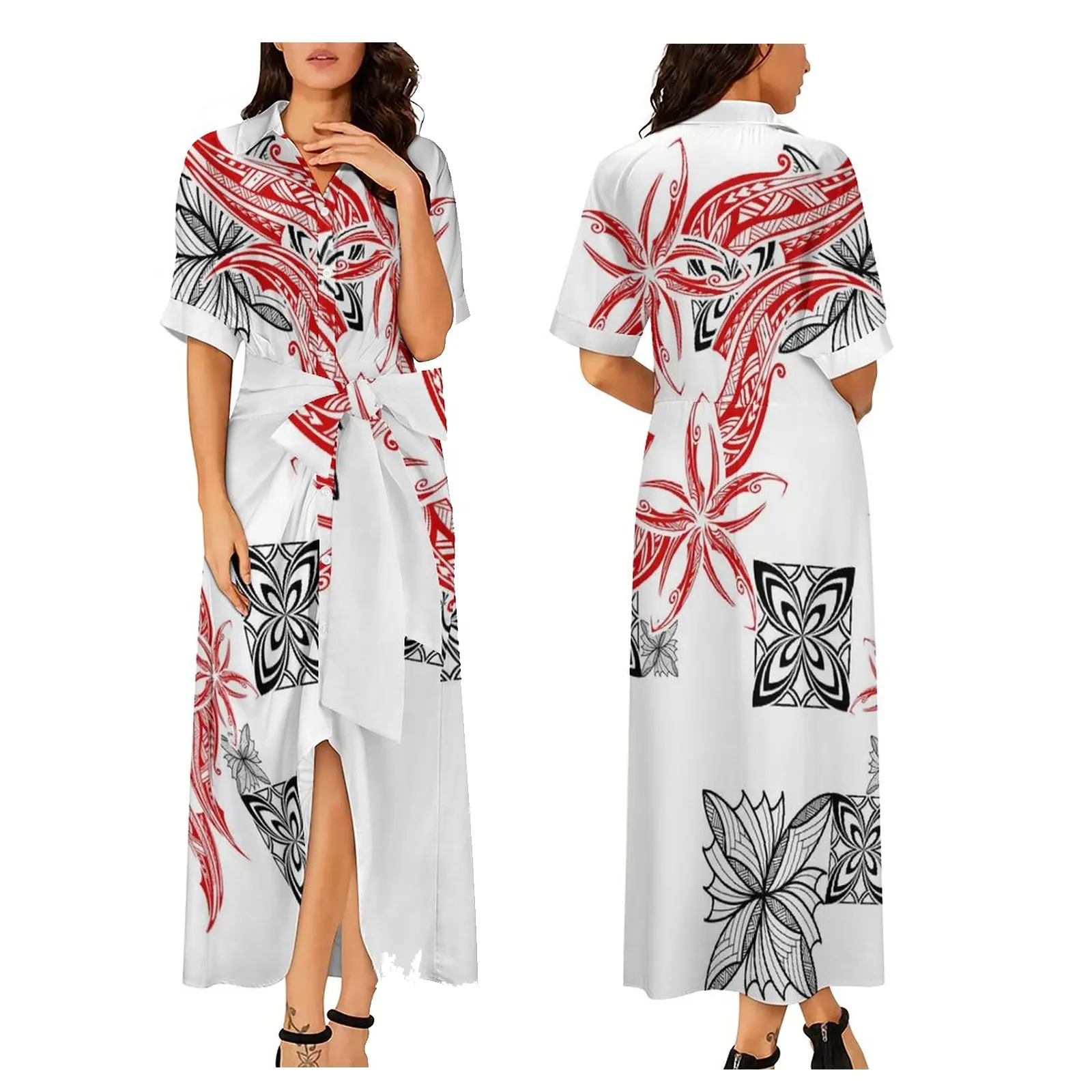 summer new fashion hawaiian white lapel button up maxi shirt dress polynesian samoa tatoo design custom printed prom dress