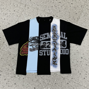 Camisetas de algodón pesado con lavado ácido, estilo cropped, estampadas, desgastadas, de corte irregular y holgado para hombre. - Product Image 1