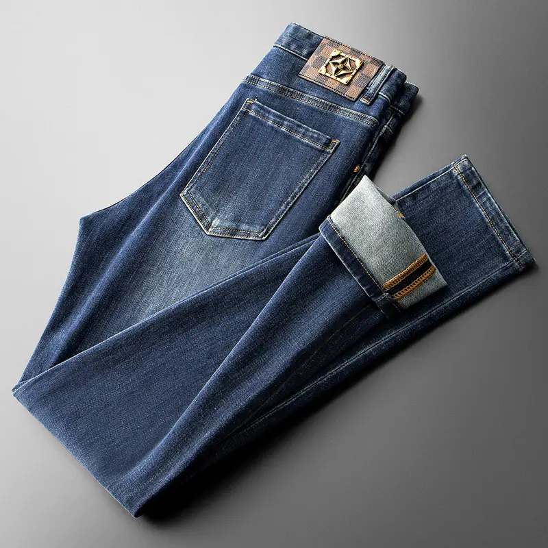 Autumn Trend Print Pattern Versatile Blue Stretch Slim Fit Casual Men's Jeans