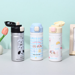 Vaso portátil de acero inoxidable <span class=keywords><strong>con</strong></span> diseño de animales de dibujos animados, tapa <span class=keywords><strong>con</strong></span> popote y asa de cuerda elegante - Product Image 1