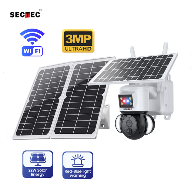 22W 3MP HD Security Solar Battery 12000MA Red Blue Floodlight PTZ Weatherproof Low Power 4G Optional Camera