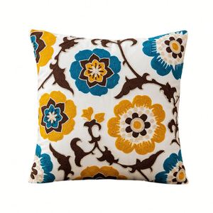 Embroidered Cotton Decorative <b>Throw</b> Pillow <b>Cover</b> 18x18 Inch Boho Farmhouse Floral Pillowcase for Living Room <b>Sofa</b> - Product Image 4