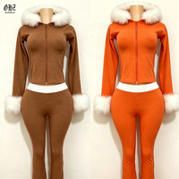 Nouvel ensemble de survêtement pour femme, hiver, Noël, imprimé léopard, fausse fourrure, à capuche, 2 pièces, sweat à capuche court zippé + pantalon évasé coordonné