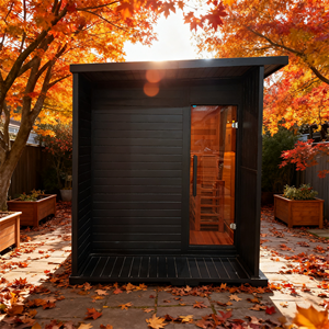 Sauna Exterior Moderna Cuadrada para 4 Personas, Sauna de Vapor Seco con Exterior Negro e Interior de Madera Natural - Product Image 2