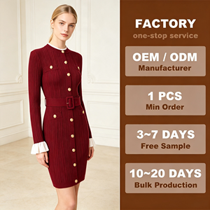 Elegante <span class=keywords><strong>Abito</strong></span> <span class=keywords><strong>in</strong></span> <span class=keywords><strong>Maglia</strong></span> a Coste <span class=keywords><strong>Bordeaux</strong></span> da Donna, Maniche Lunghe, Bottoni Dorati, Cintura, Vestito Aderente Midi con Polsini a Contrasto Bianchi - Product Image 1