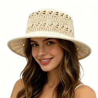 Topi Jerami Wanita Landfond Summer, Model Anyaman Terbuka, Pelindung Sinar Matahari, Topi Bowler Modis Berpinggiran Lebar, Topi Pantai