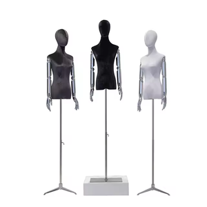 Maniquí Femenino de Terciopelo de Lujo, con Brazos Dorados/Plateados Ajustables, <span class=keywords><strong>Medio</strong></span> <span class=keywords><strong>Cuerpo</strong></span>, Base de Madera, para Exhibición de Ropa - Product Image 3