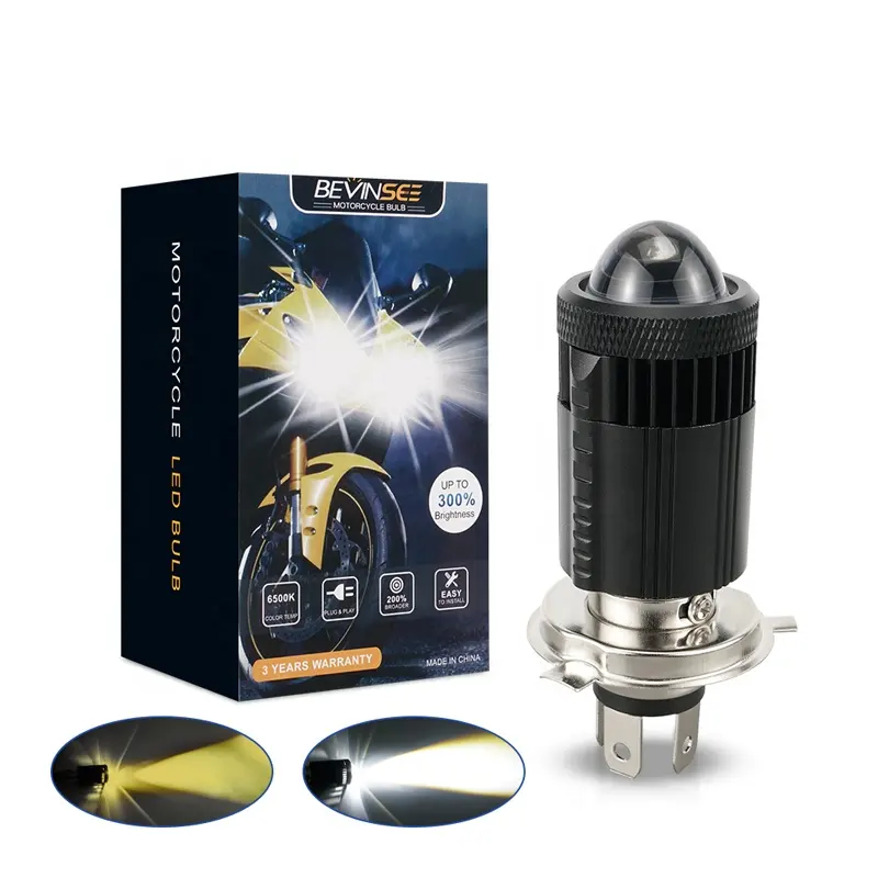 Bevinsee H4 Motorcycle Headlight Bulbs Hi/Low Beam 30W 3000K Yellow 6500K White BA20D LED Lens Projector For Yamaha