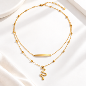 Collier superposé en acier inoxydable 304 plaqué or sous vide avec barre et pendentif abstrait ondulé - Product Image 1