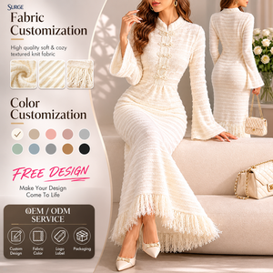 Abito Bodycon da Donna Personalizzato Bianco Casual Midi con Colletto Rialzato, Maniche Lunghe Svasate, Bottoni Frontali, Dettagli in Pizzo e Orlo con Frange e Cut-Out - Product Image 1