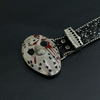 Ceinture noire vintage entièrement incrustée de strass étincelants et avec boucle masque Jason Voorhees (boucle en plaque d'alliage) inspirée de Friday the 13th