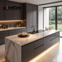 Meuble de cuisine modulaire en mélamine laquée au design moderne, meuble de cuisine à design moderne avec îlot en quartz cascade