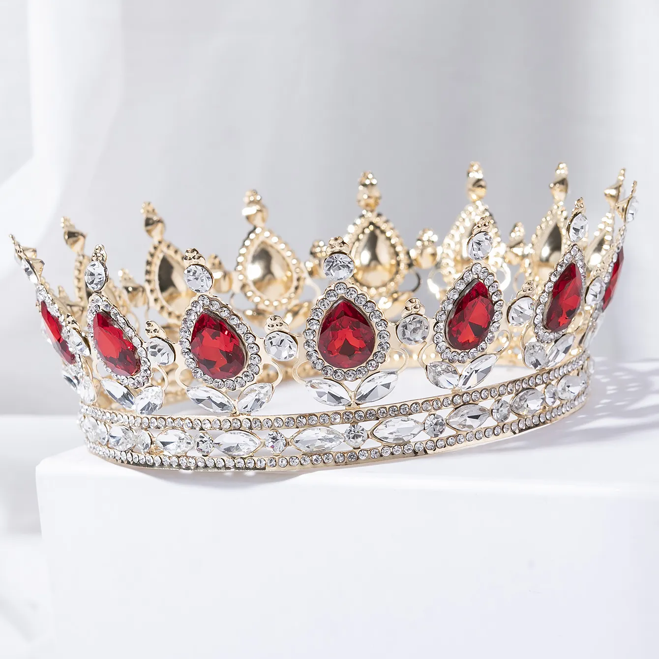 Dropshipping produk 2023 perak hijau perhiasan kristal pengantin pernikahan tiara kontes berlian imitasi merah emas lingkaran penuh mahkota besar