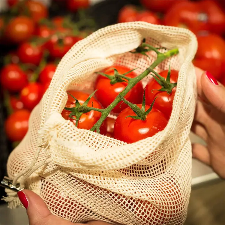 Hot Sale Eco Friendly Reusable 100% Organic Cotton Mesh Bag Shopping Grocery Mesh Net Bags For Vegetables and Fruits