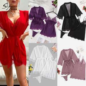 Sfy2900 Conjunto de Lencería Navideña Clásica y Sexy para Mujer, 3 Piezas, Bordado 3D en Relieve, Body de Encaje Rojo, Túnica de Malla, Conjunto de Lencería con Tanga y Cinturón - Product Image 2